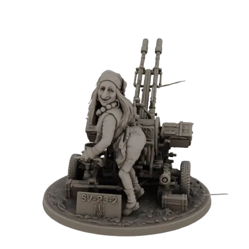 3D model of a witch character with a large ZU-23-2 anti-aircraft gun, posed dynamically on a textured base.