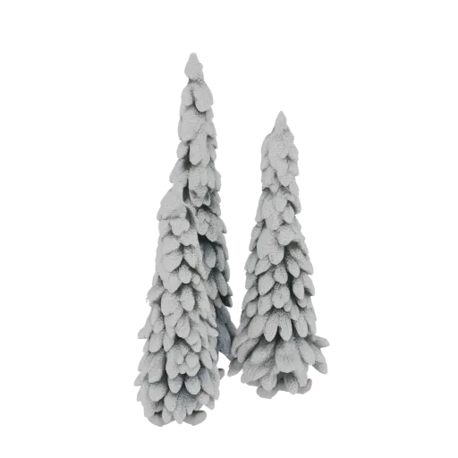 Ein 3D-Modell von zwei stilisierten Kiefern, bedeckt mit dickem, flauschigem Schnee, vor weißem Hintergrund.