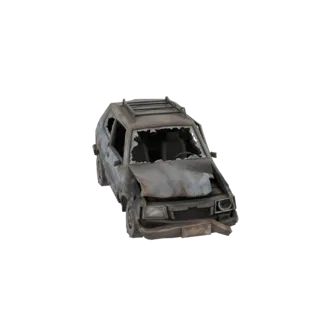 Un modelo 3D de un coche viejo muy dañado y oxidado con ventanas rotas y un frontal arrugado.