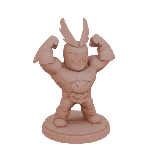 Un rendering 3D di una statuetta Chibi All Might, che flette i muscoli su una base circolare, presentato in un materiale simi