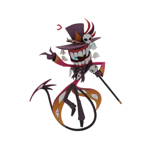 3D model of a Voodoo King character with a purple top hat, pink coat, wide grin, and a cane, set against a black background.