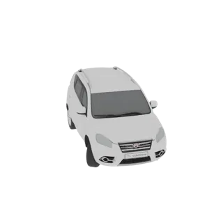 Ein 3D-Modell eines weißen SUV, aus einem leicht erhöhten Frontwinkel betrachtet, vor einem weißen Hintergrund.