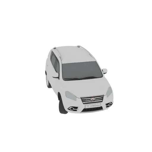 Un modello 3D di un SUV bianco, visto da un'angolazione frontale leggermente elevata, su uno sfondo bianco.