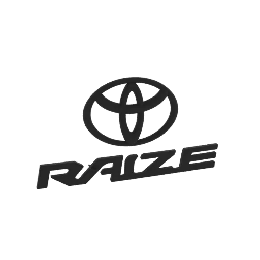 3D model render of the Toyota Raize emblem, showing the Toyota logo above the 'Raize' text in a dark metallic finish against