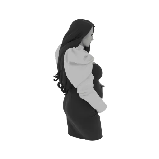 3D model of a pregnant woman in a black dress with white puffed sleeves, viewed from the side.