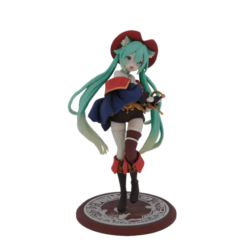 Modelo 3D de personagem gata em traje pirata, segurando uma espada e em pé sobre uma base decorativa.