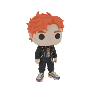 Modello 3D di un personaggio punk stile anime con capelli arancioni, giacca di pelle nera, t-shirt grafica e sneakers colorat