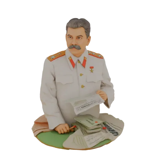 3D model bust of Joseph Stalin in a white military uniform, holding papers and a pen.