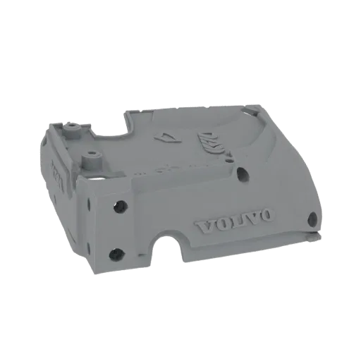 3D model render of a grey Volvo engine cover with the Volvo logo visible