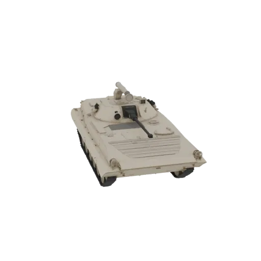 3D model of a desert camouflage armored personnel carrier with a turret and tracks, viewed from a three-quarter angle.