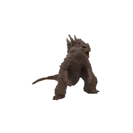 A 3D model of Godzilla in an aggressive, crouching stance with its mouth open, showcasing its detailed scales and dorsal fins