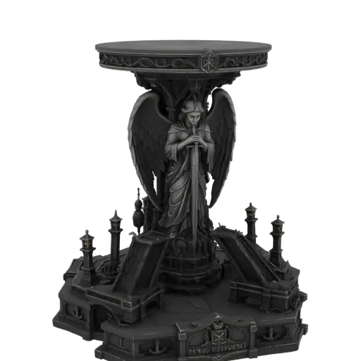 3D model render of a gothic pedestal with an angelic statue holding a sword, surrounded by ornate architectural details and l