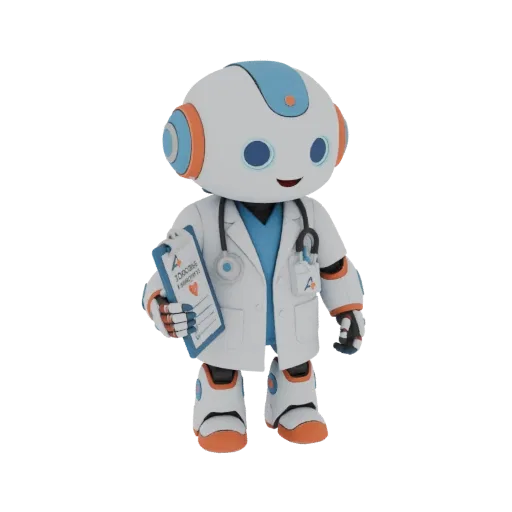 3D model of a cute, white and orange robot doctor wearing a lab coat and stethoscope, holding a clipboard.