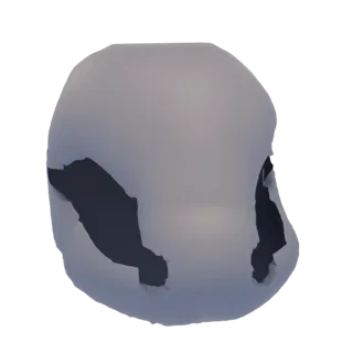 Un rendu 3D d'un masque de crâne fissuré avec des orbites oculaires sombres et creuses et une finition grise mate usée.