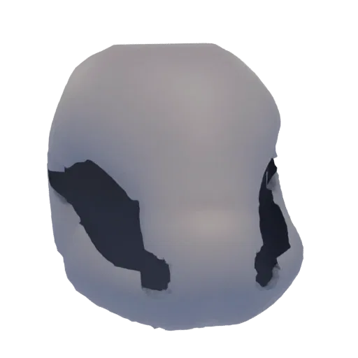 Un rendering 3D di una maschera teschio crepato con orbite oculari scure e vuote e una finitura grigio opaco distressed.