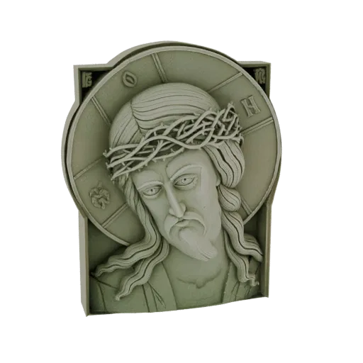 3D model of a Jesus Christ icon relief with a crown of thorns, rendered in a pale green, stone-like texture.
