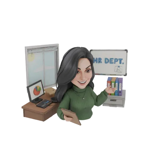 3D model of a smiling HR manager in a green turtleneck, standing in an office with a desk, computer, and whiteboard.