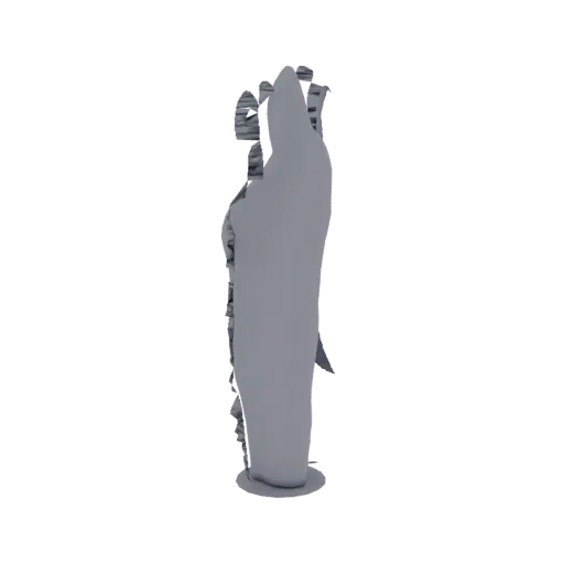 A 3D render of a tall, slender, abstract sculptural form with organic, flowing lines and a textured surface, set against a bl