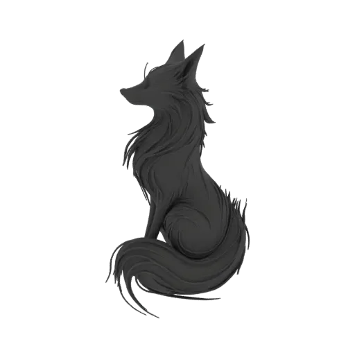 A 3D render of a stylized black fox sitting with its tail curled around its body, showcasing sculpted fur details.