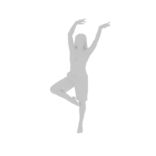 3D model render of a woman in a yoga tree pose, arms raised, against a black background.