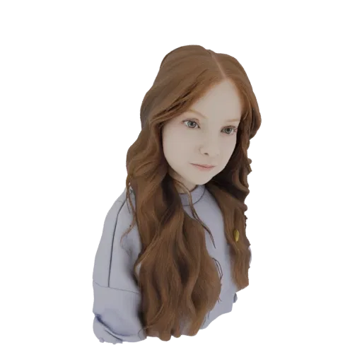 3D model of a young girl with long, wavy red hair, looking slightly to the side with a gentle expression.