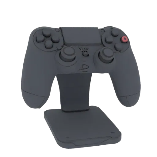 Modèle 3D support manette DualShock 4, couleur gris foncé, avec manette posée dessus.