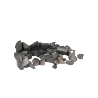 Un modelo 3D de una pila de madera carbonizada, cenizas y brasas, que representa los restos de una hoguera.
