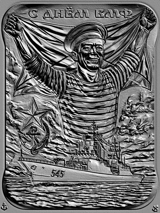 3D-Modell eines Basreliefs zum Tag der Marine: Seemann im gestreiften Hemd hält eine Flagge, im Hintergrund Kriegsschiff und