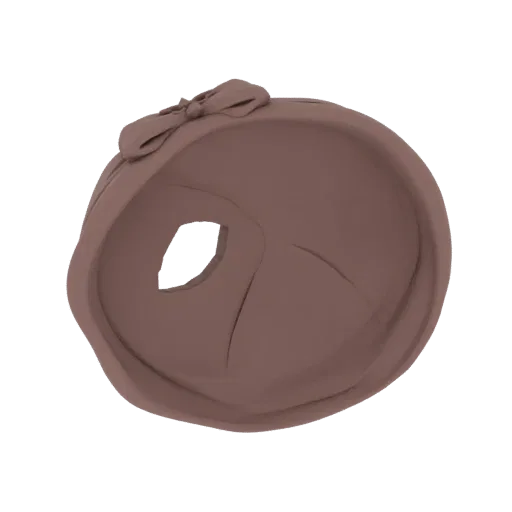 Ein 3D-Render einer braunen Baskenmütze mit kleiner Schleife oben, von leicht erhöhter Position.