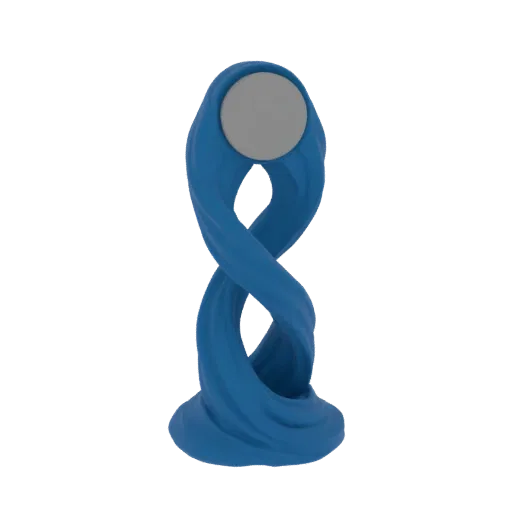 3D model of a blue twisted ribbon trophy with a circular gray disc at the top, set against a white background.