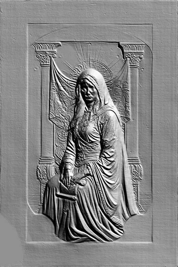 Modèle 3D de bas-relief de femme en deuil à capuche, assise avec un rouleau, sur fond de colonnes.