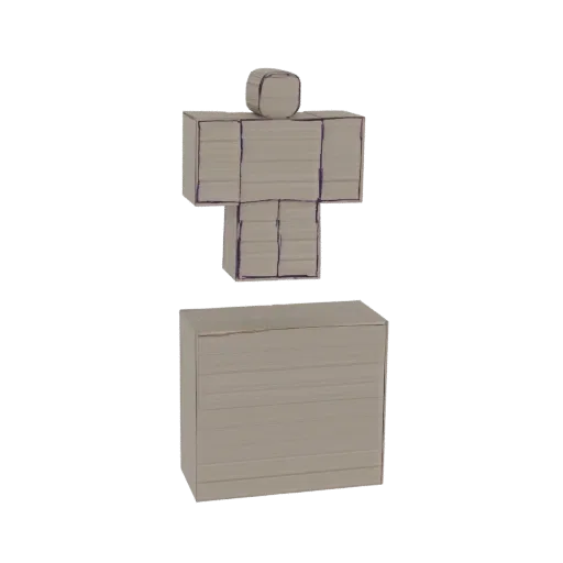 3D render of a stylized, blocky humanoid figure hovering above a matching rectangular pedestal, with visible line details.