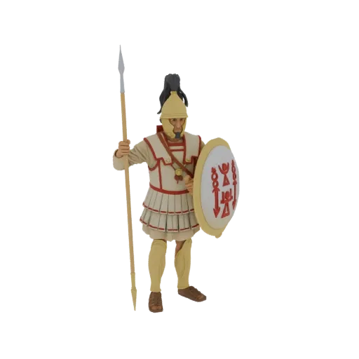 3D model of an Ancient Greek Hoplite warrior holding a spear and shield, wearing historical armor and helmet.