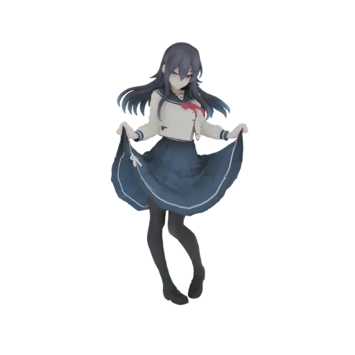 Modello 3D di una ragazza anime con camicetta marinaio bianca e gonna blu plissettata, che tiene la gonna.