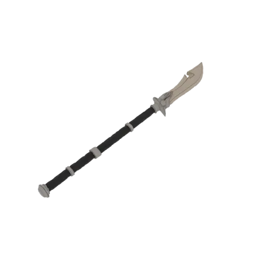 Modèle 3D d'une arme glaive avec lame incurvée et manche sombre, présenté sur fond blanc.