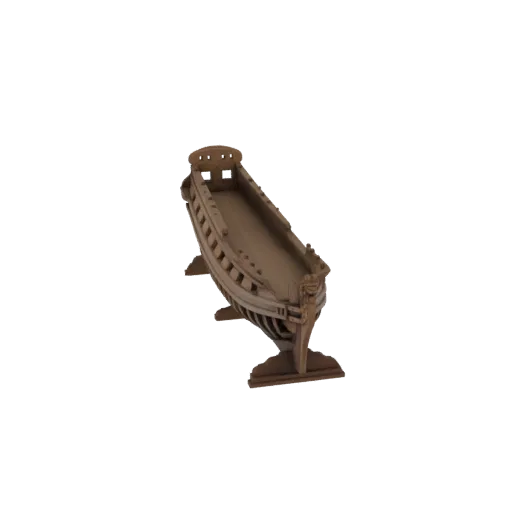 3D model of an ancient galleon, viewed from a high angle, showcasing its detailed wooden hull and deck.