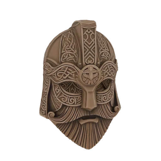 A detailed 3D model of a bronze-colored Dwarven Warrior Helmet with intricate knotwork and a long beard.