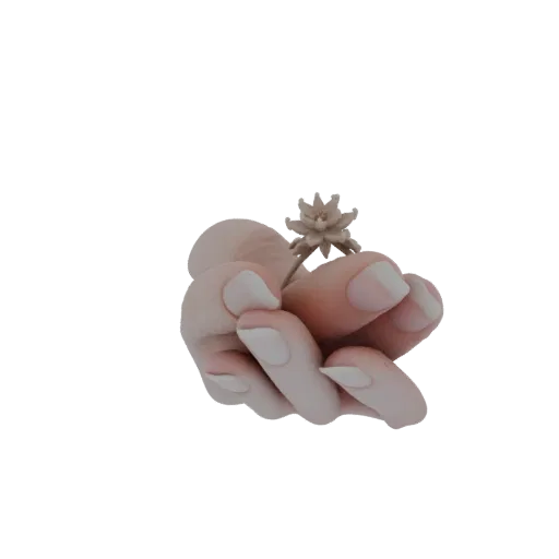 A 3D render of two cupped hands gently holding a small, detailed flower against a black background.
