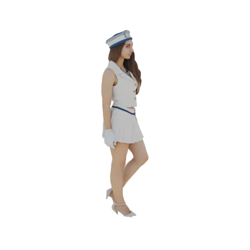 3D model of a young woman in a sailor uniform with a white pleated skirt and matching hat, viewed from the side.
