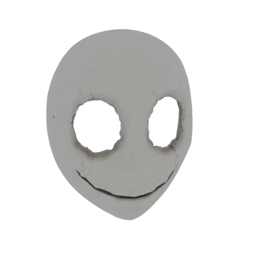 A 3D render of a cracked grey mask with a creepy, wide smile and hollow eye sockets, isolated on a white background.
