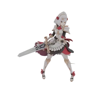 3D model of Noelle, the Maid Knight, in a battle-ready pose with a large sword, featuring white and gold armor with red rose