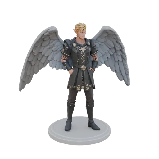 3D model of the High Lord of the Night Court with grey membranous wings, in a black tunic with gold embroidery, on a round ba