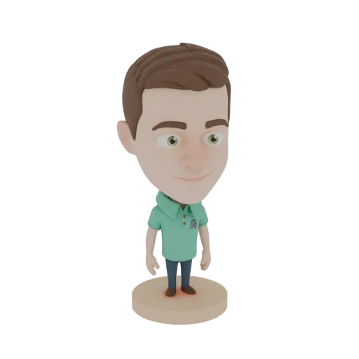 Modello 3D uomo cartone animato testa mobile, con polo blu e base beige.