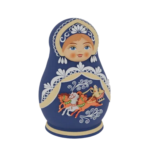 3D model of a blue Matryoshka doll with a painted scene of a sleigh and horses, detailed folk art design.