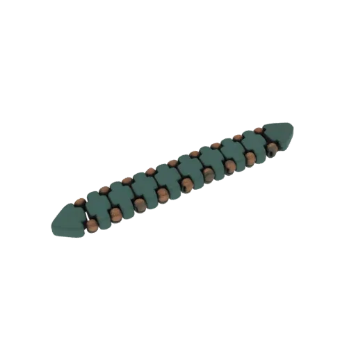 Rendering 3D di una catena segmentata e articolata con piastre verdi acqua e accenti di rame, che si assottiglia verso estrem