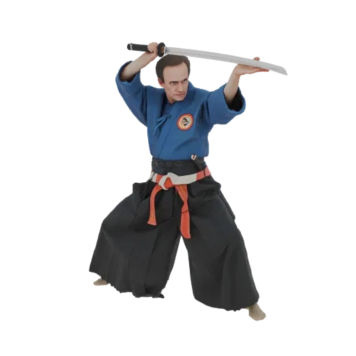 3D model of a male martial artist in a blue gi and hakama pants, holding a katana in a ready stance.