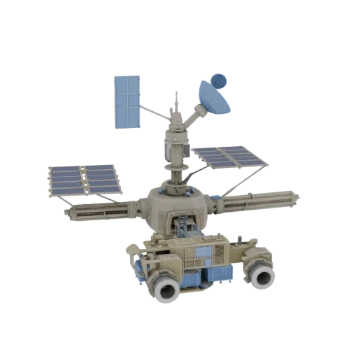 Modelo 3D imprimible Estación de Relevo de Navegación, renderizado isométrico STL, mostrando paneles solares, silueta de nave