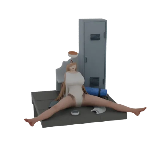 3D model of a gymnast in a full split pose, wearing a white leotard, with a locker and bench in the background.