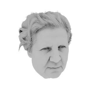 3D model of an elderly man's head, showing detailed facial features, wrinkles, and gray hair, presented in grayscale.