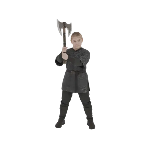 3D model of a young Viking warrior in chainmail, holding a large double-bladed axe, standing in a ready pose.